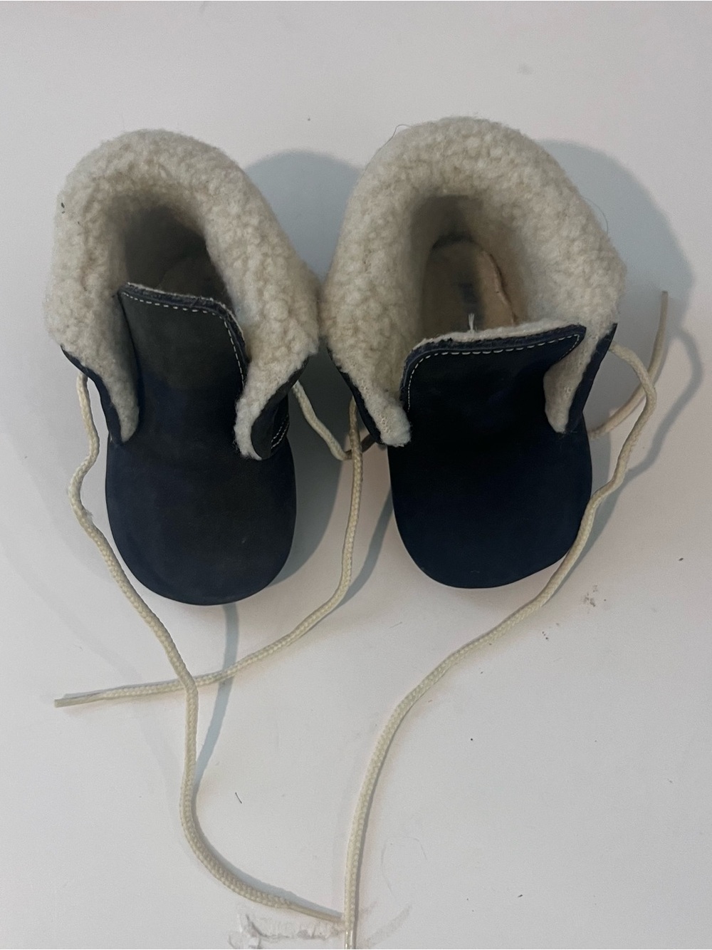 Kidex Vintage?? Baby Booties Feaux Fur Lined Navy Blue Tie Size 0 Good Condition